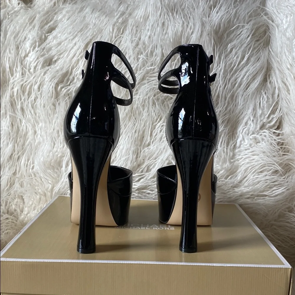 Michael Kors Martina Ankle Strap Patent Leather Platform Heels, Black - Size 9